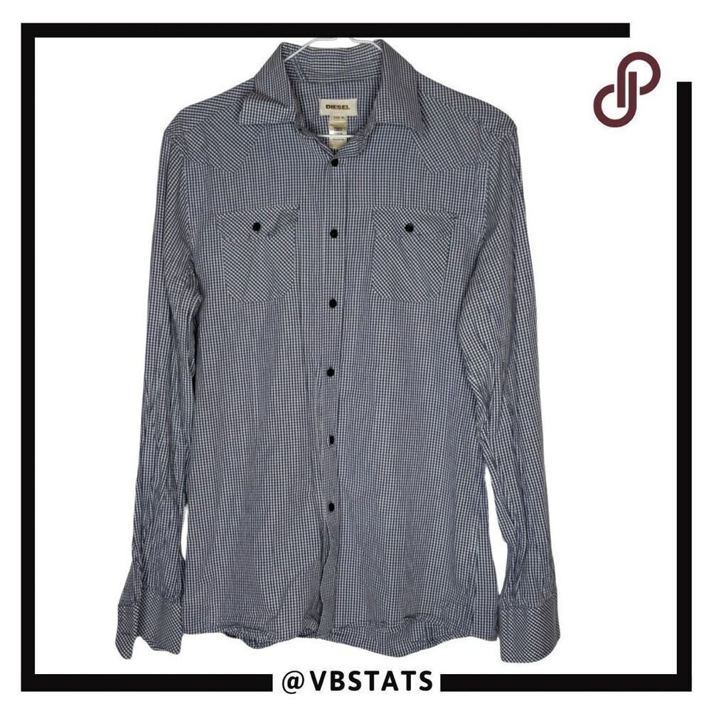 Diesel Men's Micro Gingham Cotton Western Button-up Shirt Blue White Medium